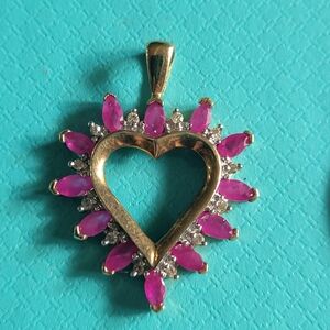 Ladies 10K Yellow Gold Ruby and Diamond Heart Pendant
